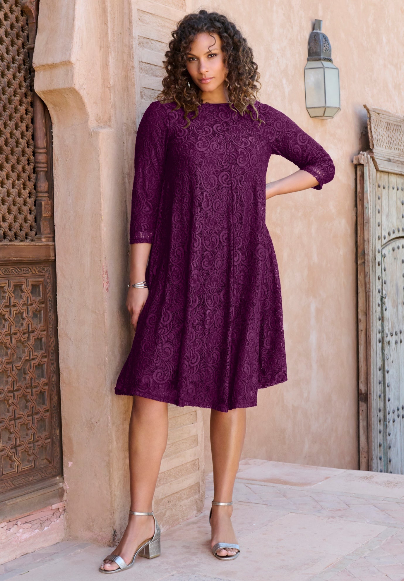 Plus-Size 3/4 Sleeve Boatneck Lace Swing Dress image number 5