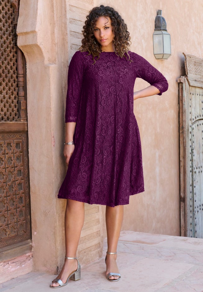 Plus-Size 3/4 Sleeve Boatneck Lace Swing Dress image number 5