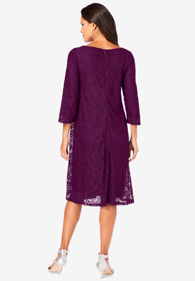 Plus-Size 3/4 Sleeve Boatneck Lace Swing Dress image number 2