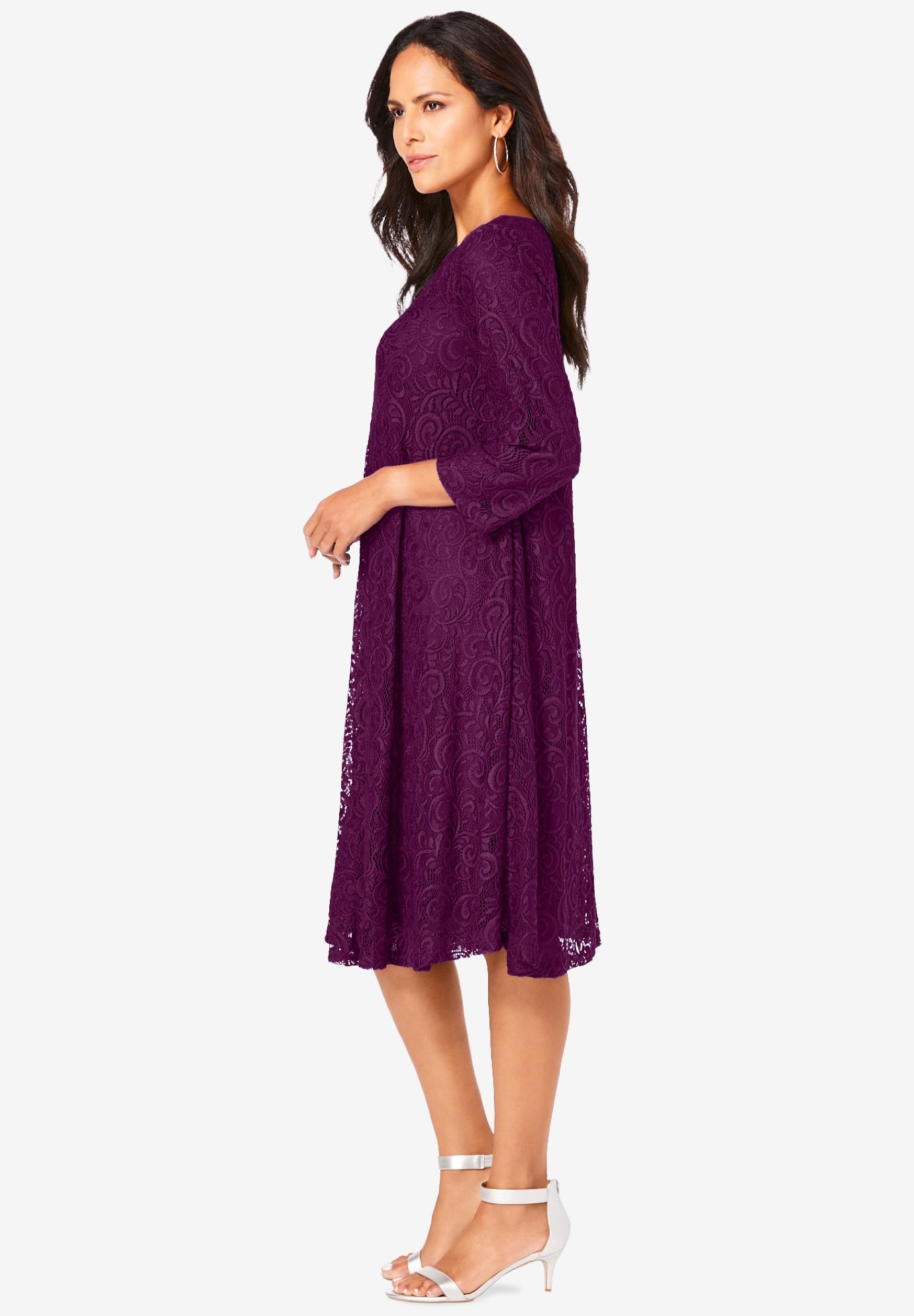 Plus-Size 3/4 Sleeve Boatneck Lace Swing Dress image number 3