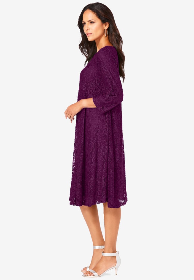 Plus-Size 3/4 Sleeve Boatneck Lace Swing Dress image number 3