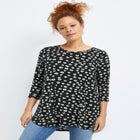 Stretch Jersey Knit Scoop Neck Three-Quarter Sleeve Curved Hem A-Line Tunic image number null