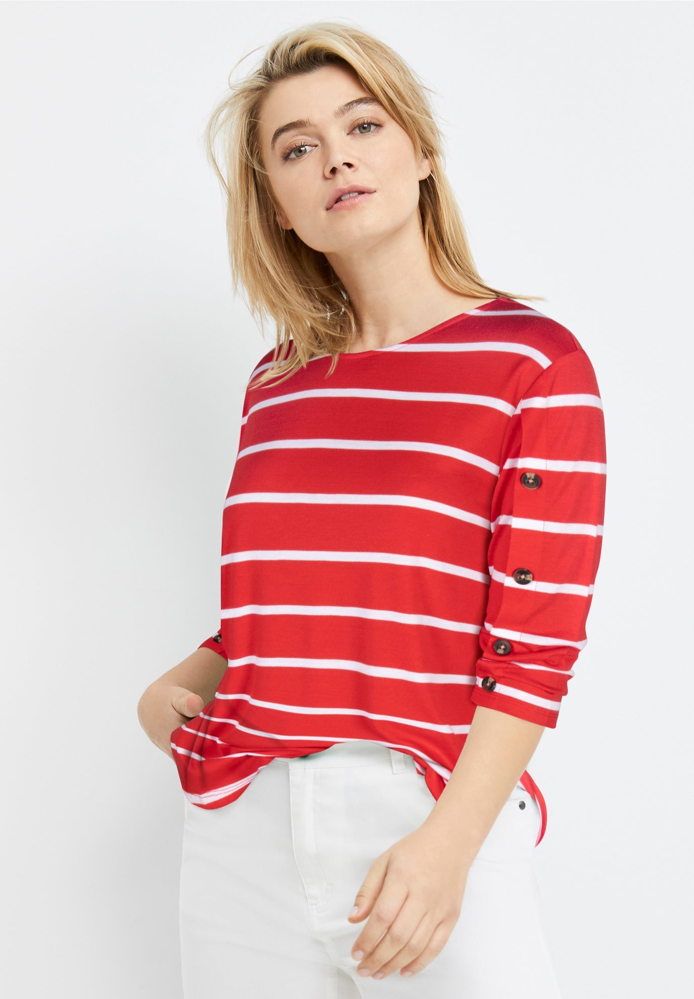 Cotton Spandex Boat Neck 3/4 Sleeve Button Trim Tee image number 0
