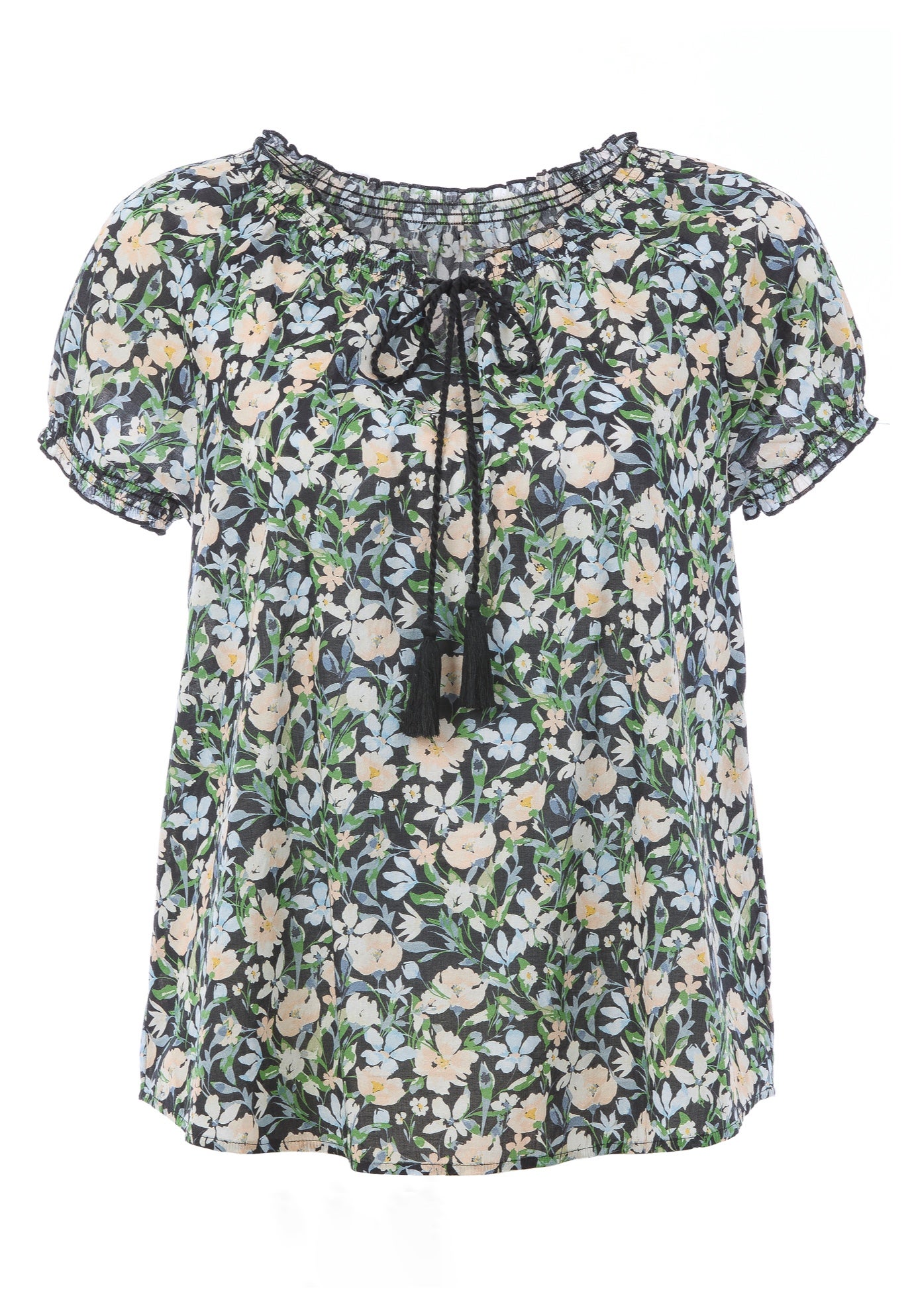 A-Line Scoop Neck Ruffle Trim 100% Cotton Cambric Peasant Blouse image number 3