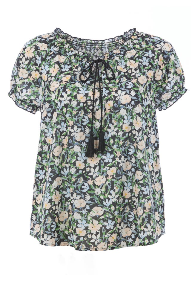 A-Line Scoop Neck Ruffle Trim 100% Cotton Cambric Peasant Blouse image number 3