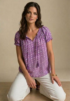 A-Line Scoop Neck Ruffle Trim 100% Cotton Cambric Peasant Blouse