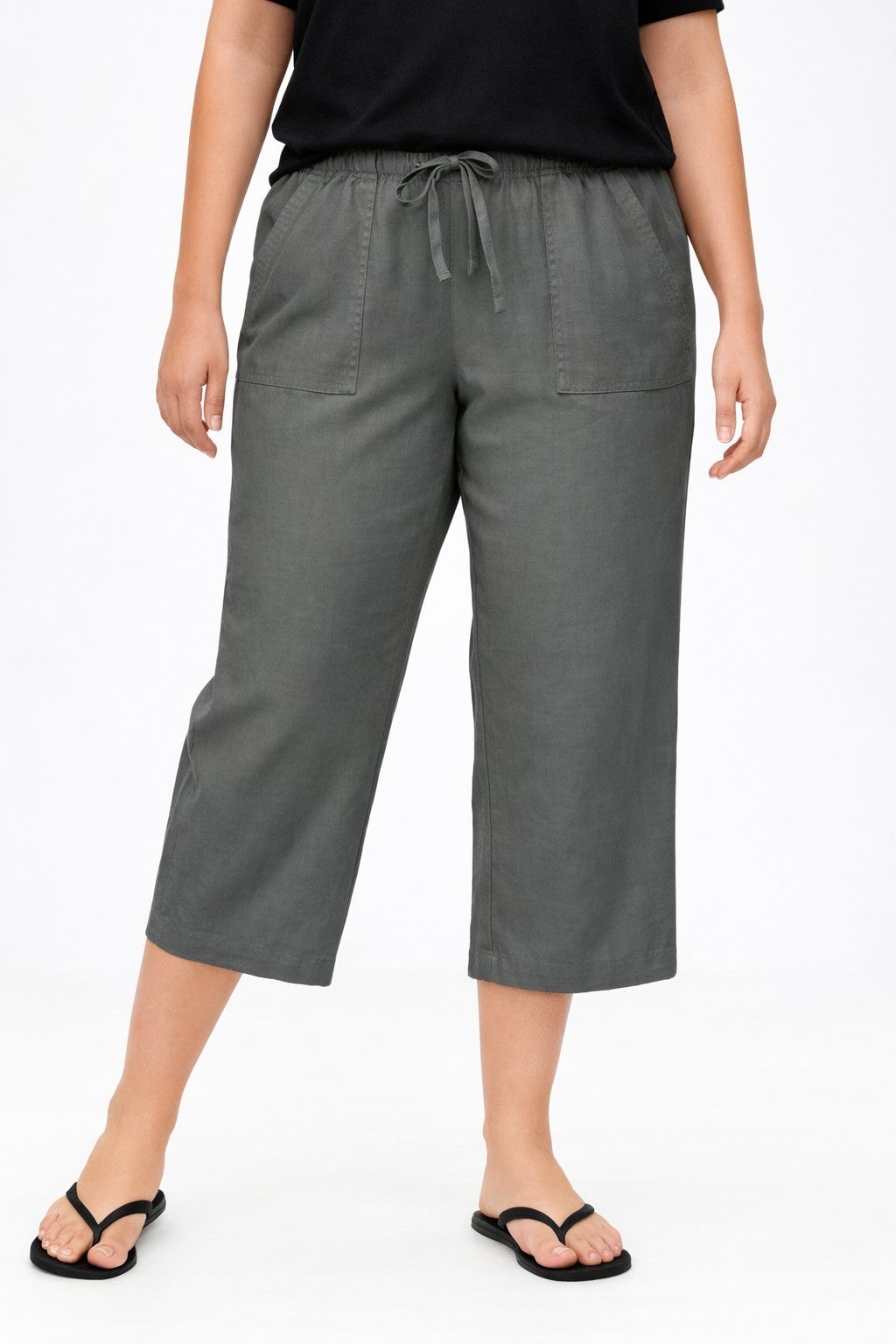 Linen-Blend Drawstring Elastic Waist Relaxed Fit Capris image number 0