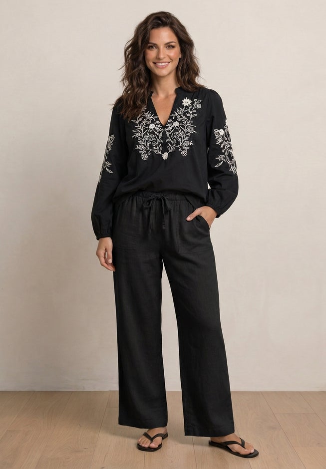 Linen-Blend Elastic Waist Drawstring Relaxed Pant image number 6