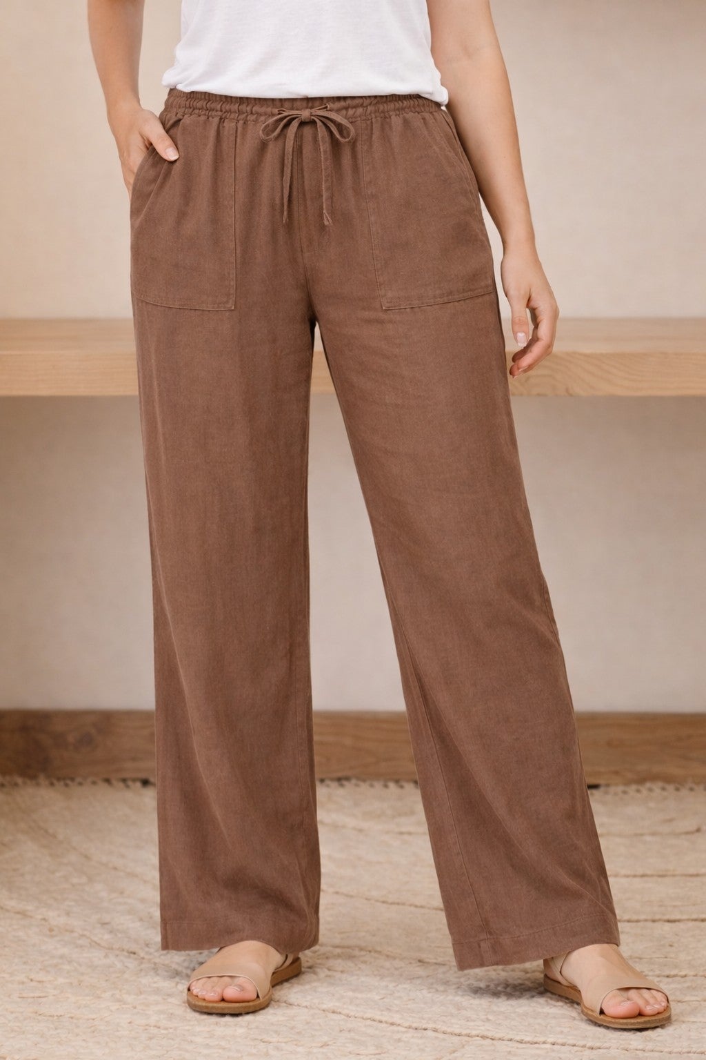 Linen-Blend Drawstring Elastic Waist Pants image number 0