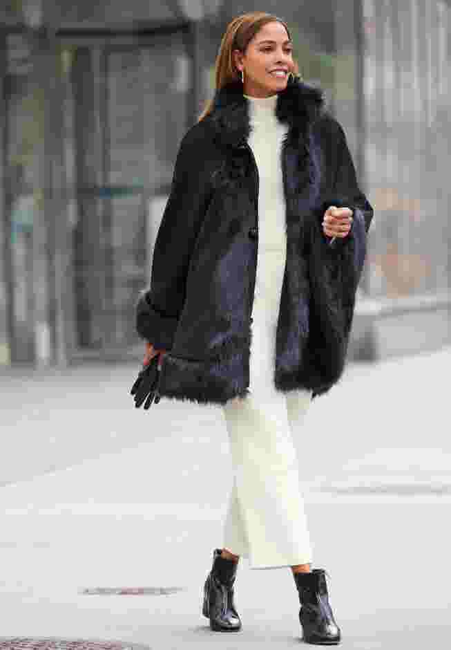 Faux Fur Trim Wool Cape image number 1