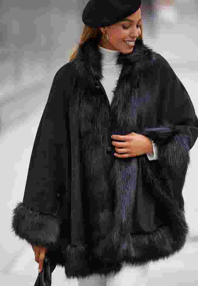 Faux Fur Trim Wool Cape image number 2