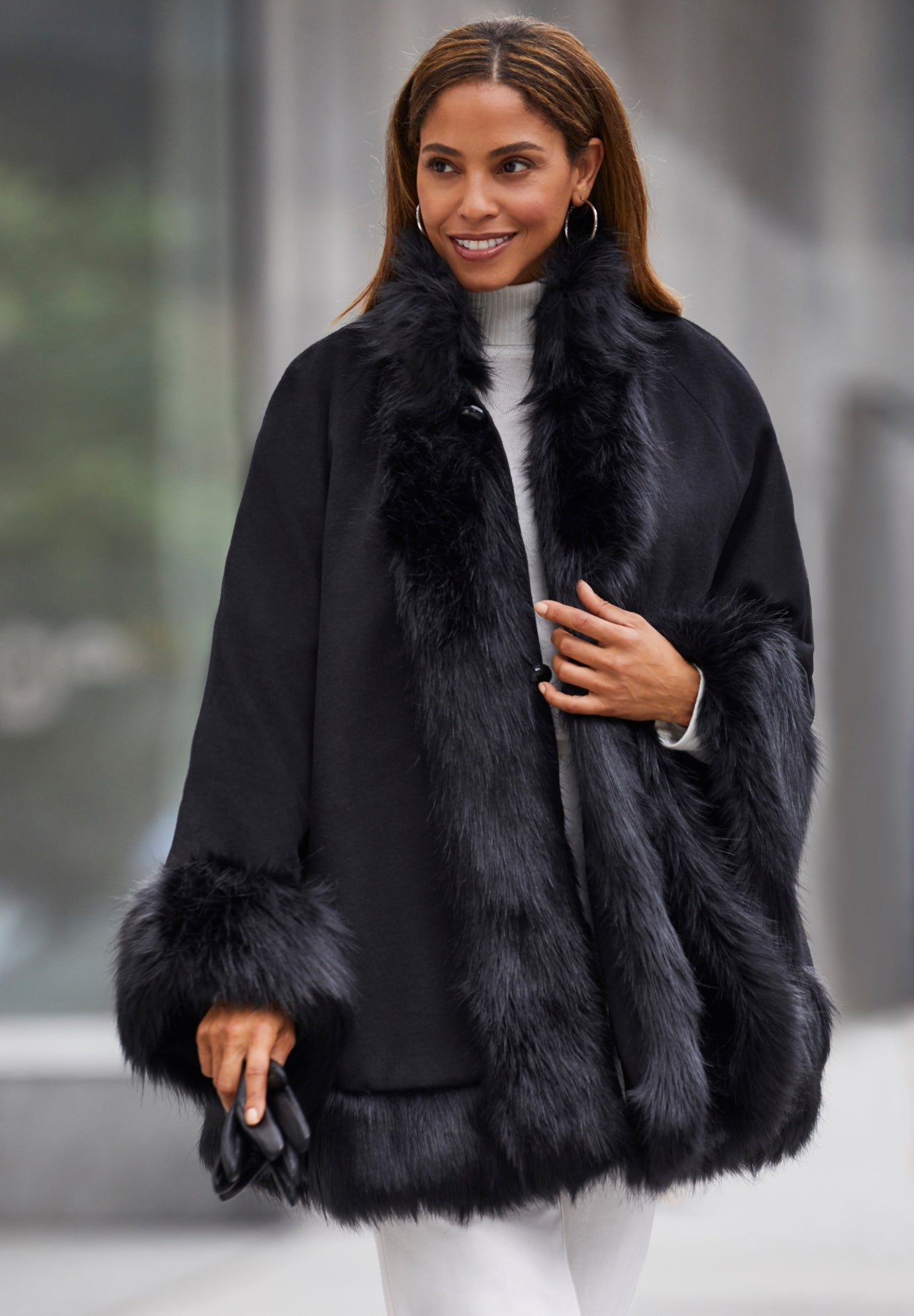 Faux Fur Trim Wool Cape image number 1
