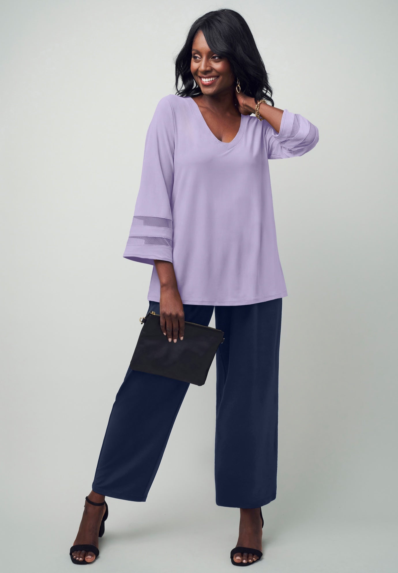 Stretch Knit Mesh Inset Sleeve Tunic image number 0