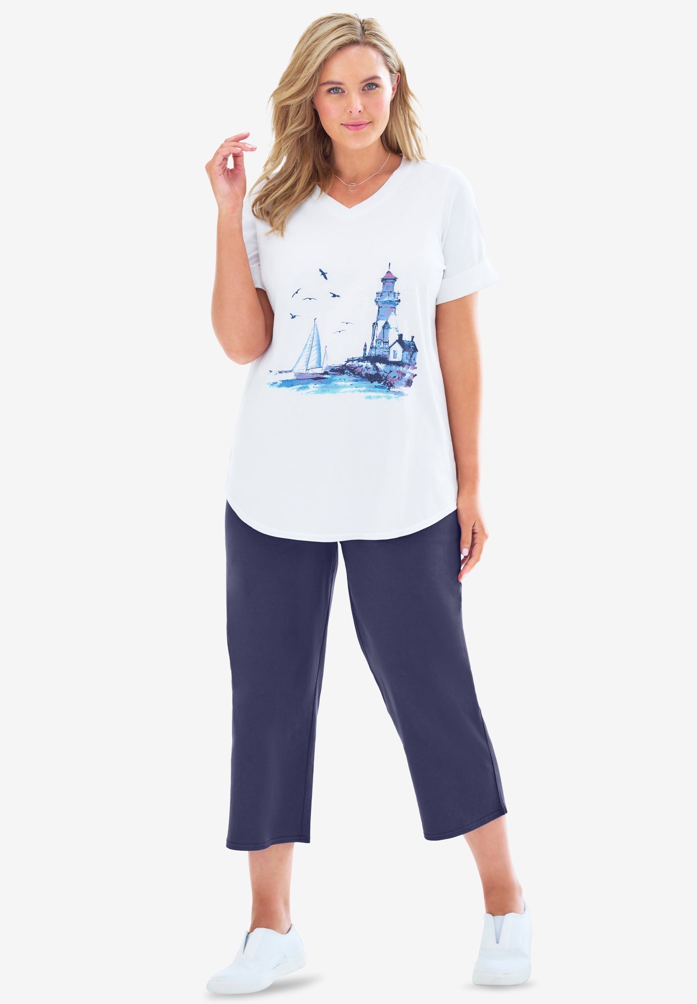 Two-Piece V-Neck Tunic & Capri Set image number 0