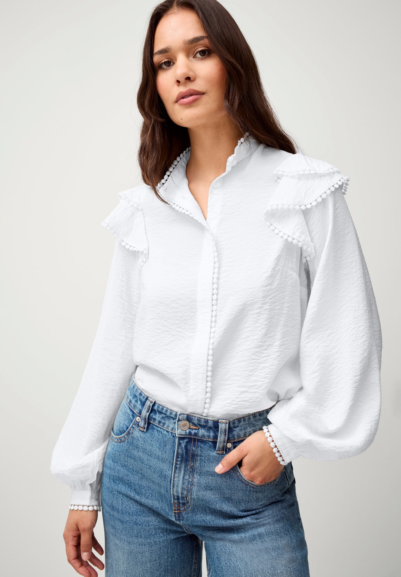 Ruffle Shoulder Blouse with Flat Pom Pom Trim image number 0