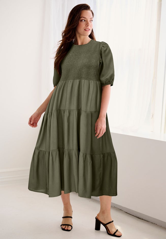 Short Sleeve Smocked Bodice Midi Dress image number 0