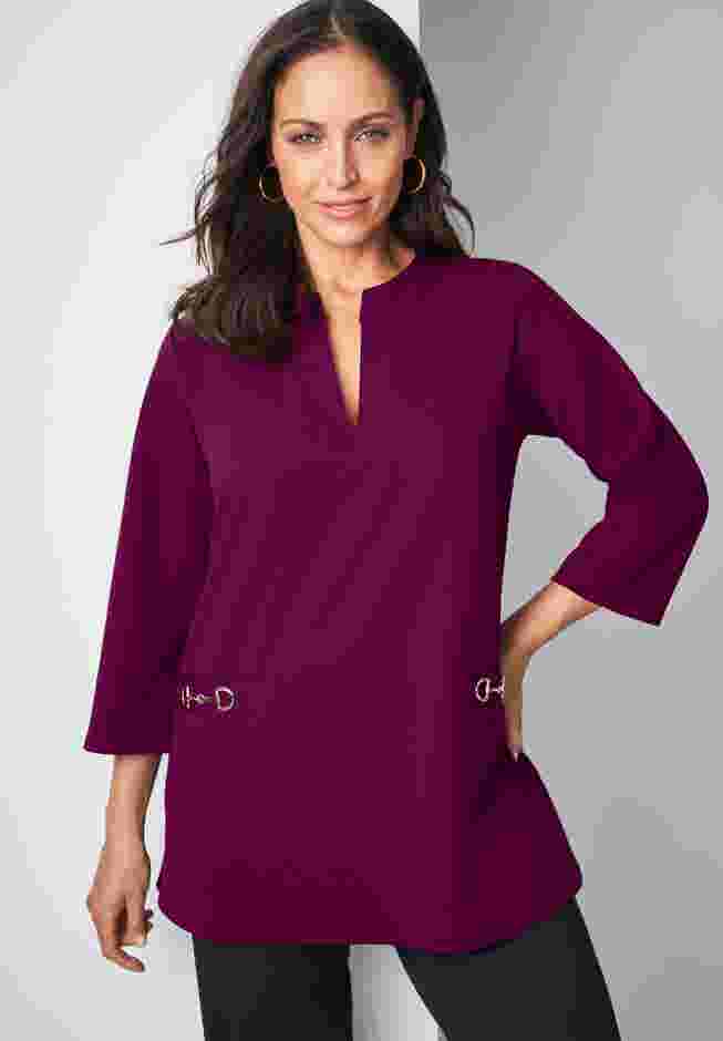 Gold Detail Split Neck Stretch Knit Tunic image number 0