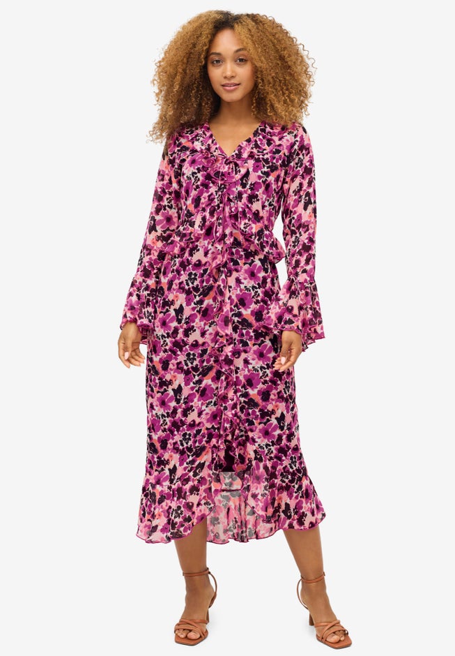 Sheer Ruffle Trim Empire Midi Dress image number null