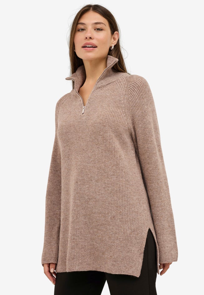 ¼ Zip Sweater Tunic With Side Slits image number null