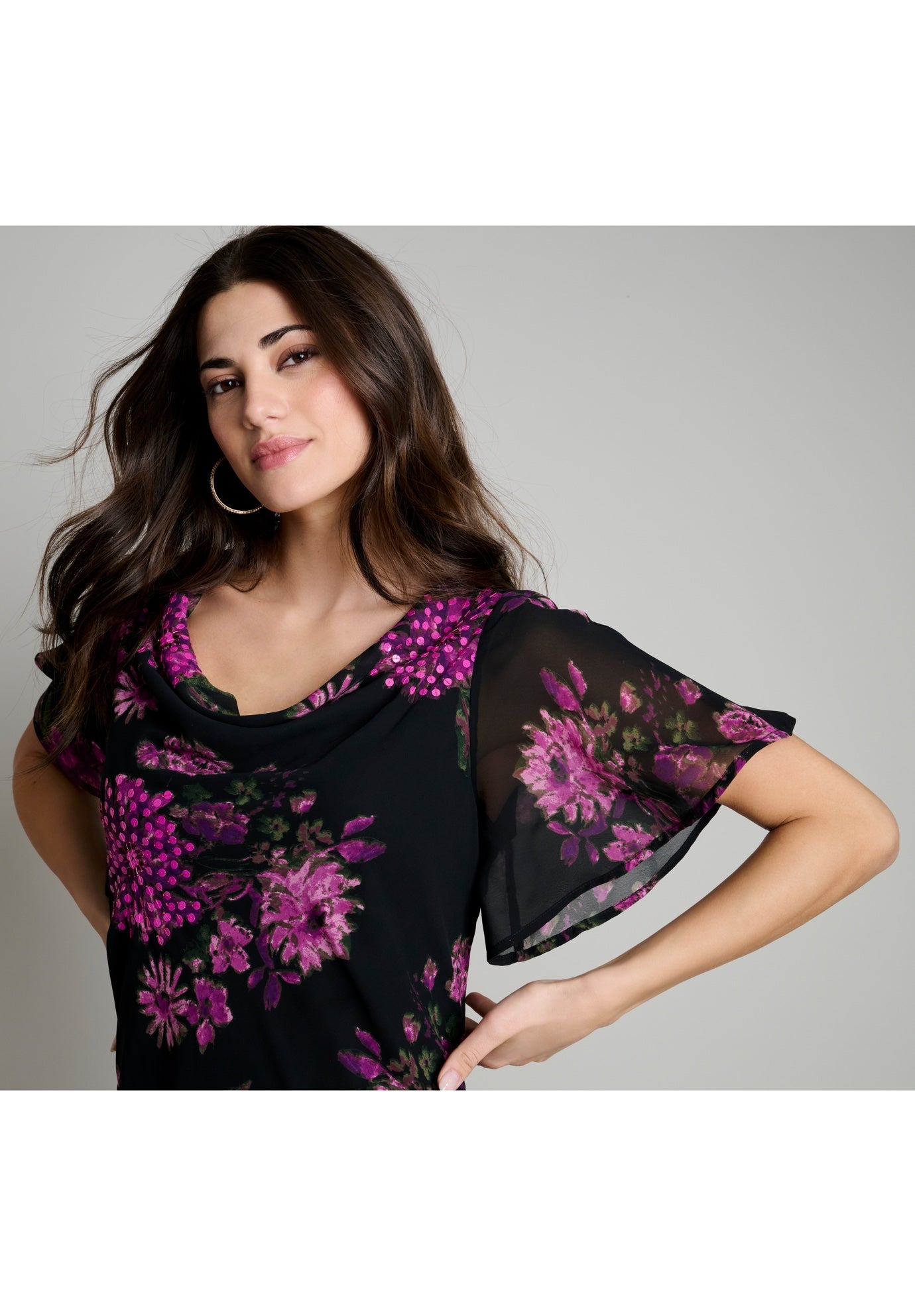 Plus Size Floral Sequin Flutter-Sleeve Gown &ndash; Handkerchief-Hem Maxi Dress image number 4