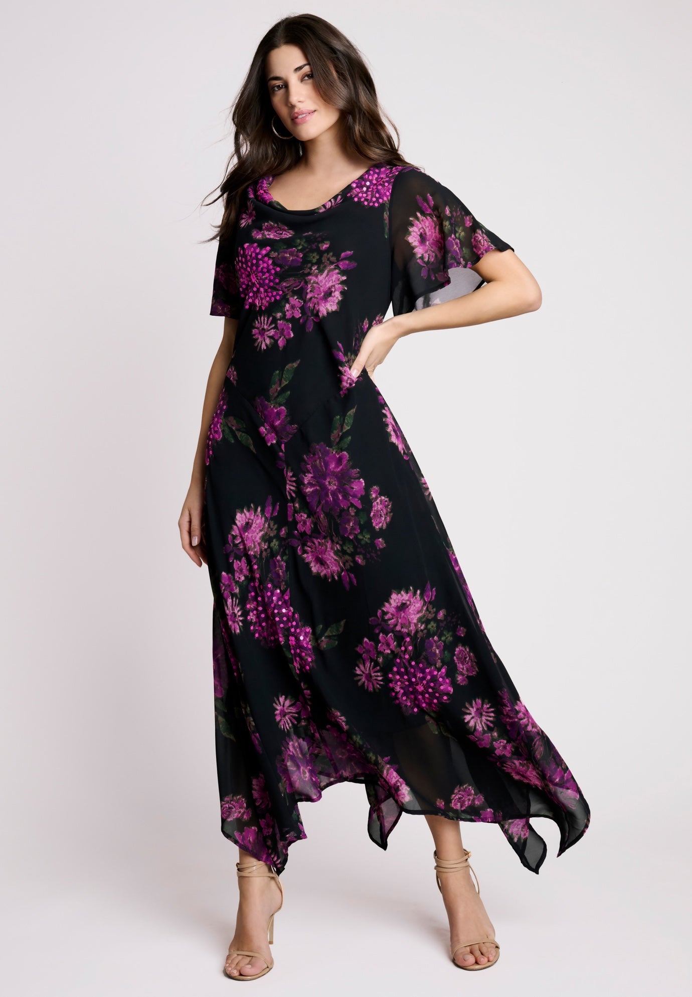Plus Size Floral Sequin Flutter-Sleeve Gown &ndash; Handkerchief-Hem Maxi Dress image number 0