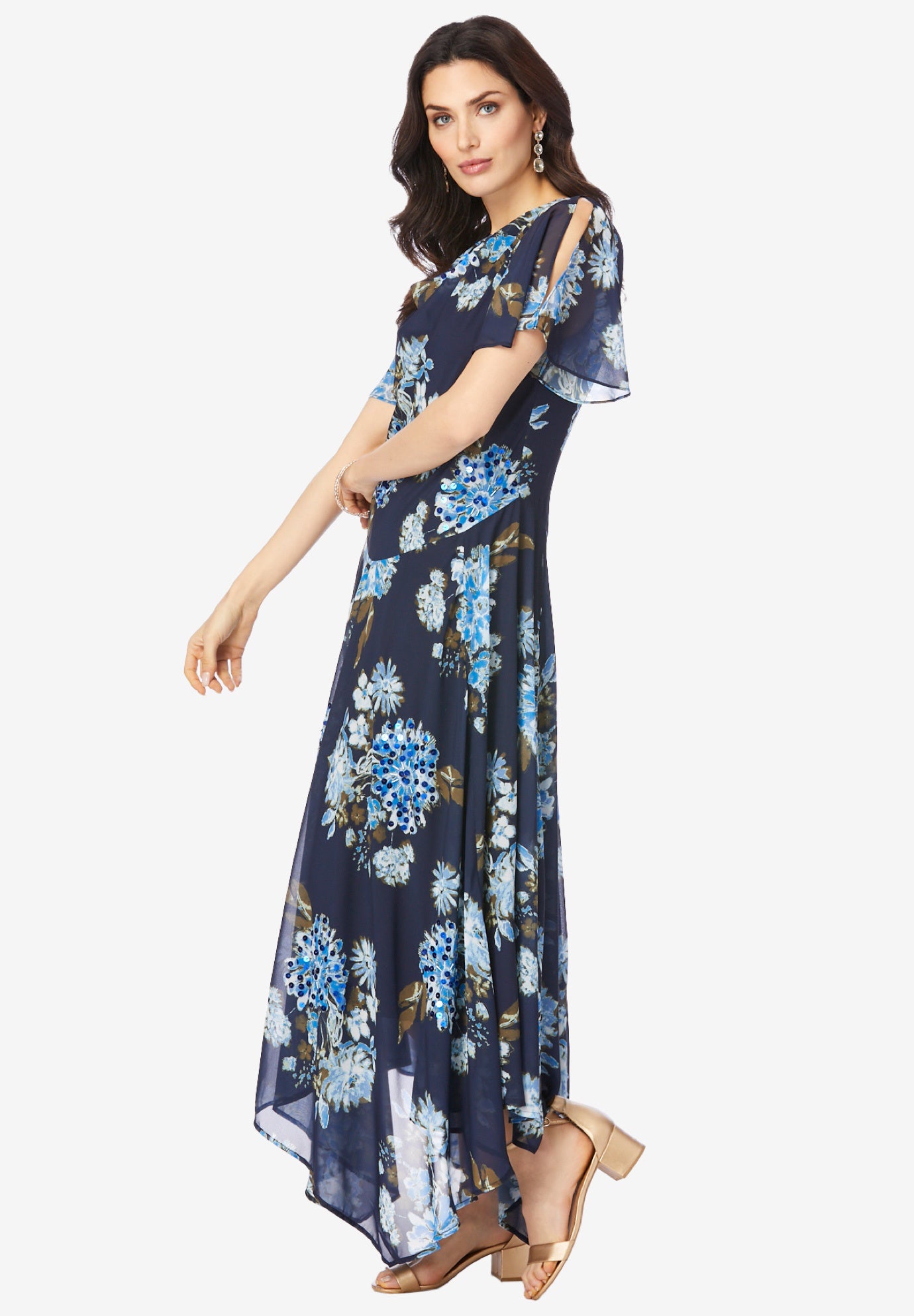 Plus Size Floral Sequin Flutter-Sleeve Gown &ndash; Handkerchief-Hem Maxi Dress image number 2
