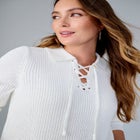 Pullover Collared Lace Up Shaker Sweater image number null