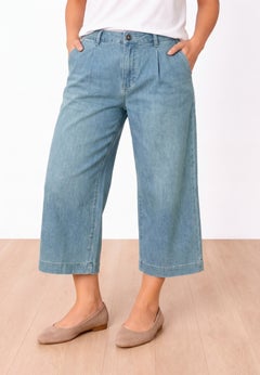 100% Cotton Mid-Rise Lightweight Denim Elastic Waist Wide-Leg Crop Trouser Jeans