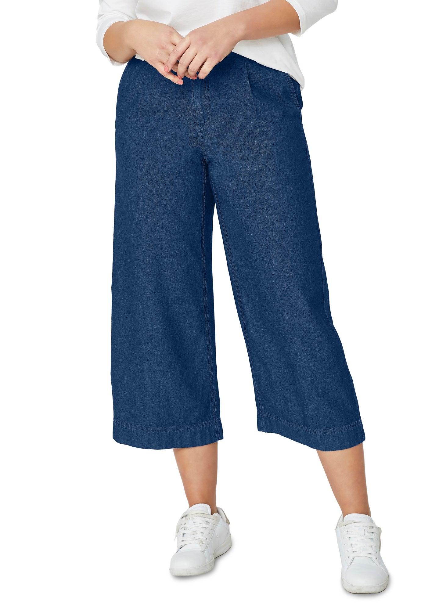 100% Cotton Mid-Rise Lightweight Denim Elastic Waist Wide-Leg Crop Trouser Jeans image number 0