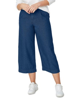 100% Cotton Mid-Rise Lightweight Denim Elastic Waist Wide-Leg Crop Trouser Jeans