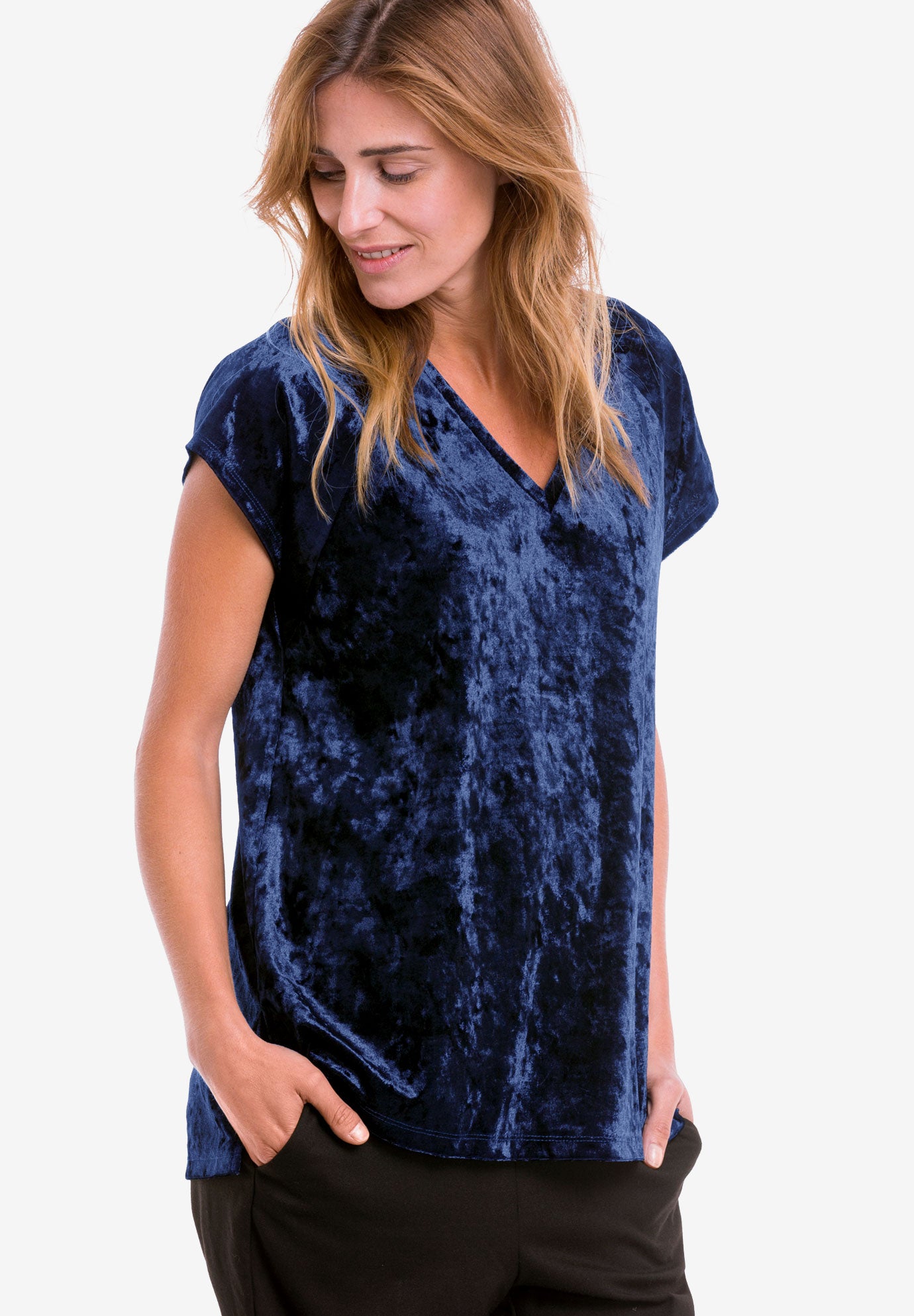 Stretch Crushed Velour V-neck Short Sleeve Tee image number 0