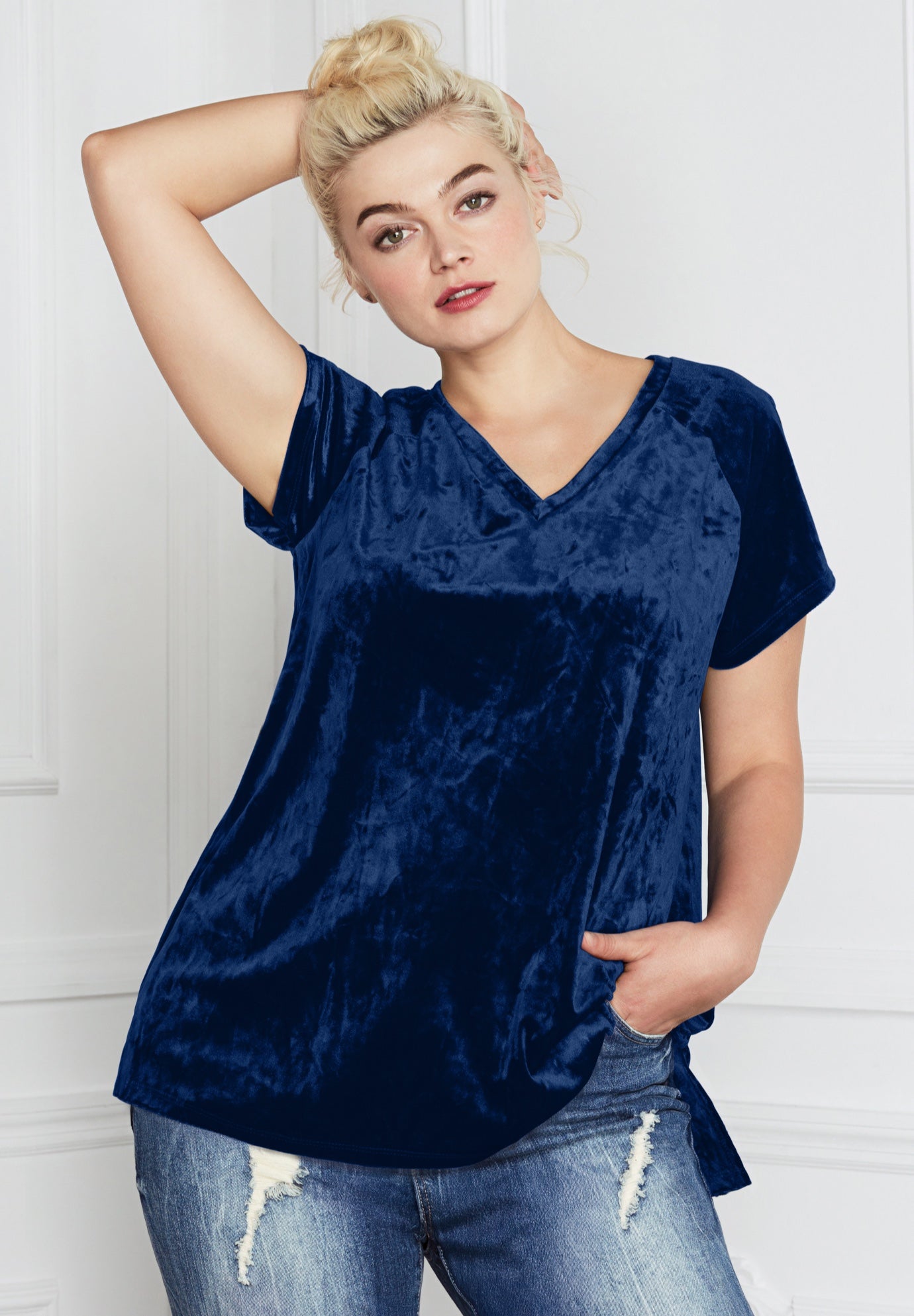 Stretch Crushed Velour V-neck Short Sleeve Tee image number 1