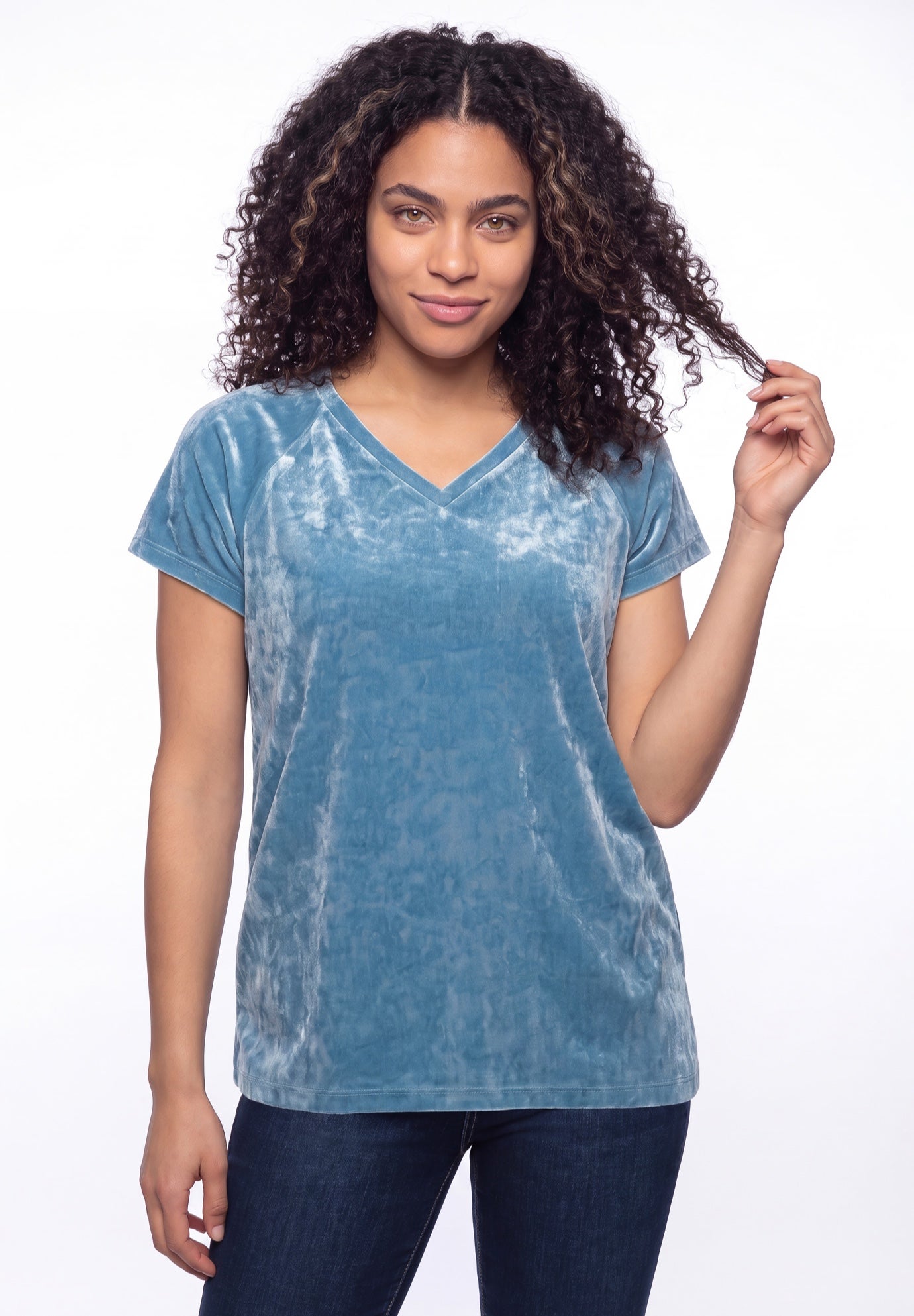 Stretch Crushed Velour V-neck Short Sleeve Tee image number 0