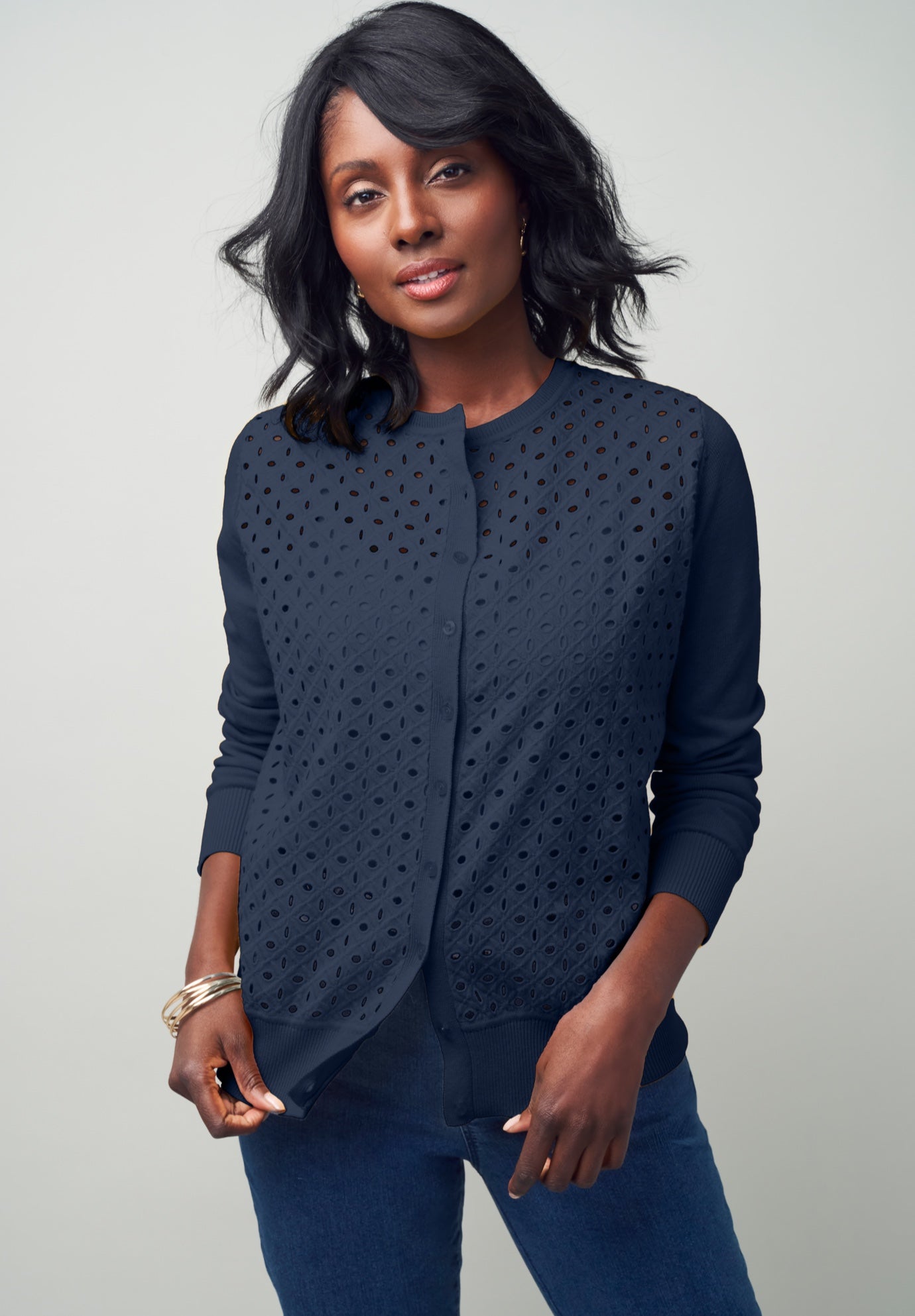 Fine Gauge Eyelet Cardigan image number 0