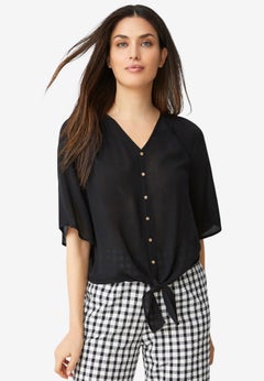 V-Neck Crinkle Tie-Front Elbow-Sleeve Blouse