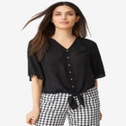 V-Neck Crinkle Tie-Front Elbow-Sleeve Blouse image number null