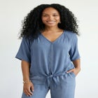 V-Neck Crinkle Tie-Front Elbow-Sleeve Blouse image number 0