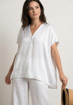 Linen-Blend V-Neck Button-Front Dolman Sleeve Oversized Tunic