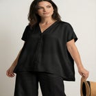 Linen-Blend V-Neck Button-Front Dolman Sleeve Oversized Tunic image number null