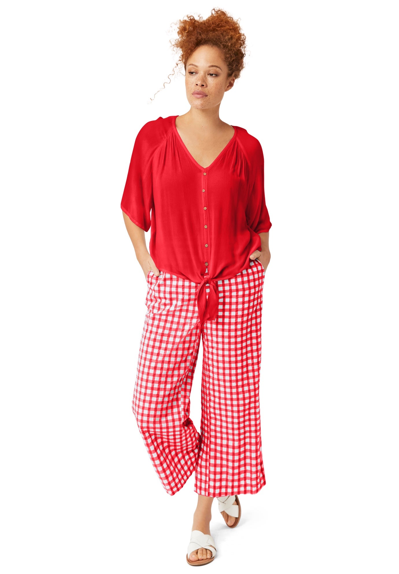 100% Cotton Wide Leg Gingham Seersucker Back Elastic Waist Crop Pants image number 0