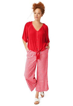 100% Cotton Wide Leg Gingham Seersucker Back Elastic Waist Crop Pants