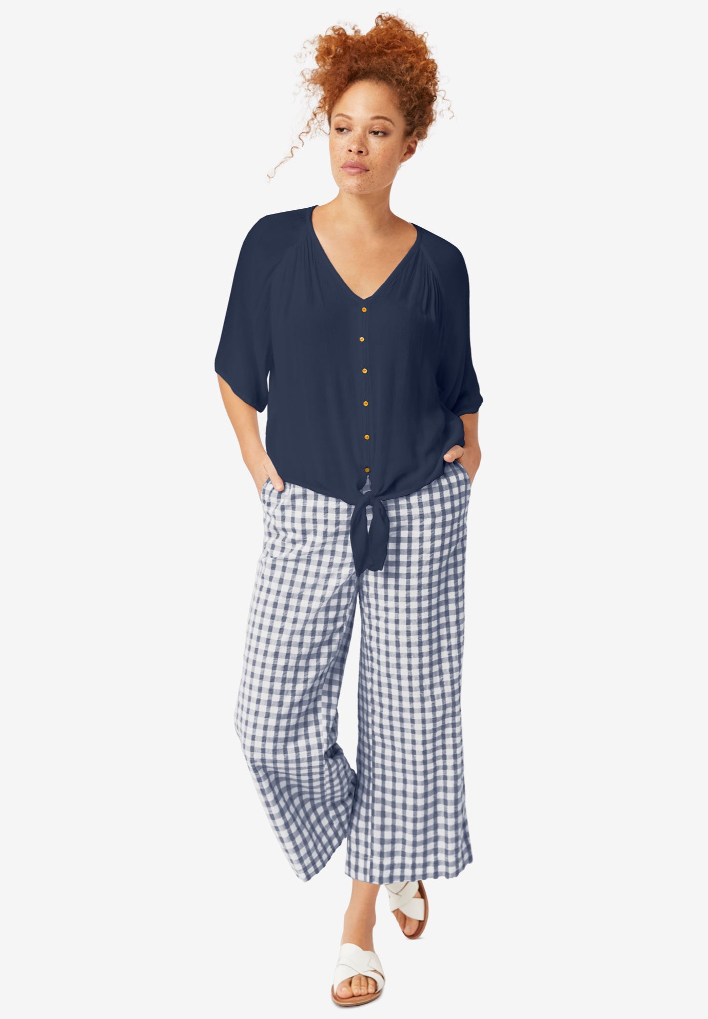 Gingham Back Elastic Wide Leg Crop Pants image number 0