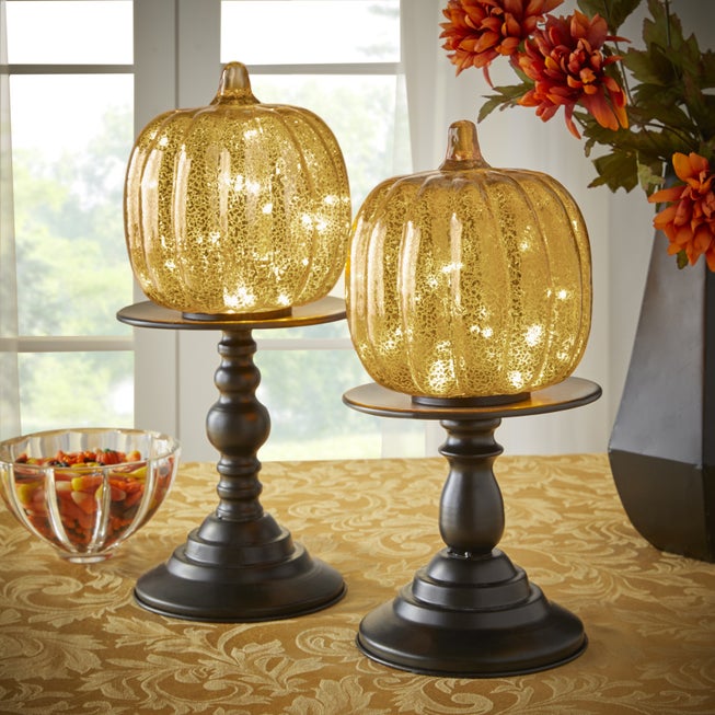 14½"H x 6"Diam Pre-Lit Mercury Glass Pumpkin on Metal Stand image number 0
