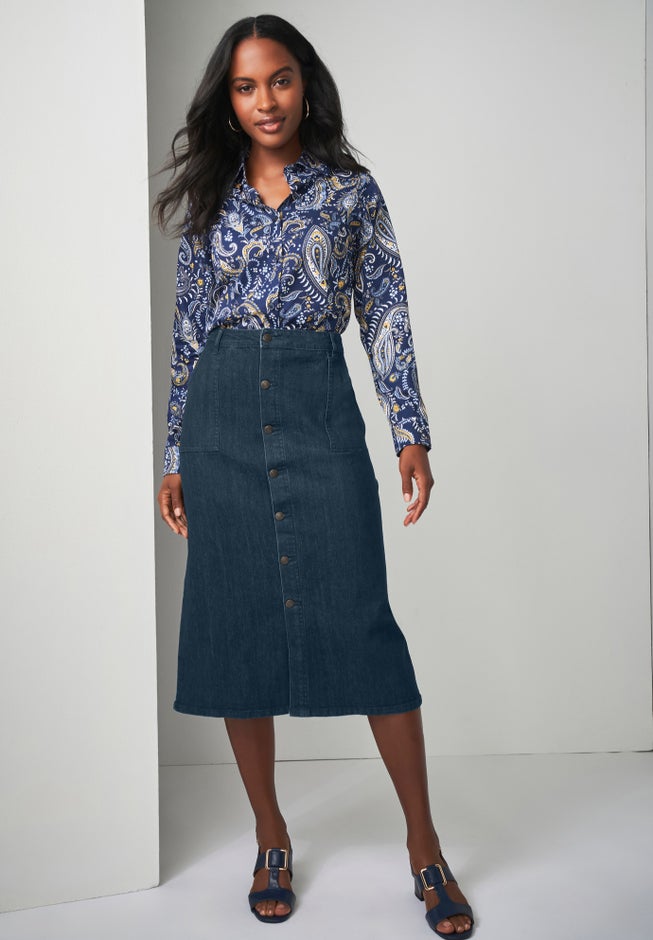 True Fit Button-Front Midi Skirt image number 2