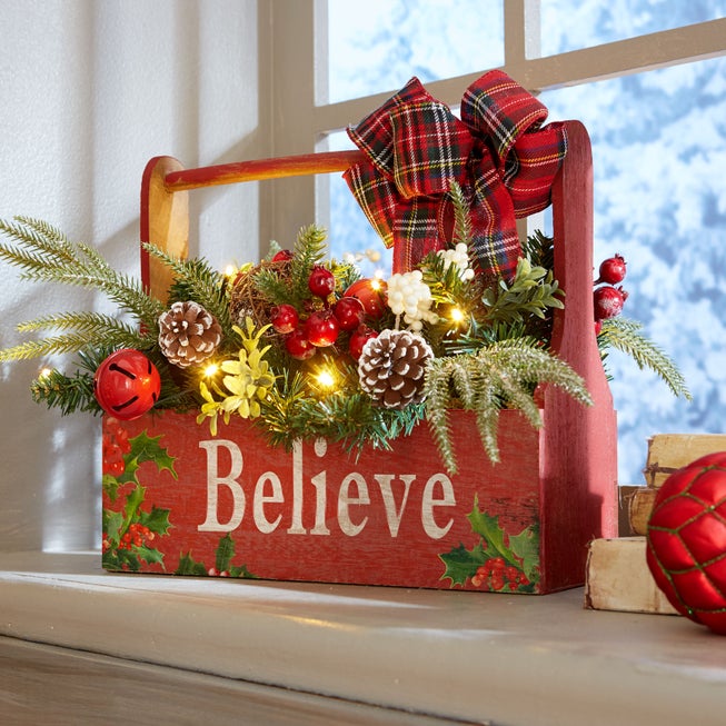 Pre-Lit "Believe" Wooden Basket image number null