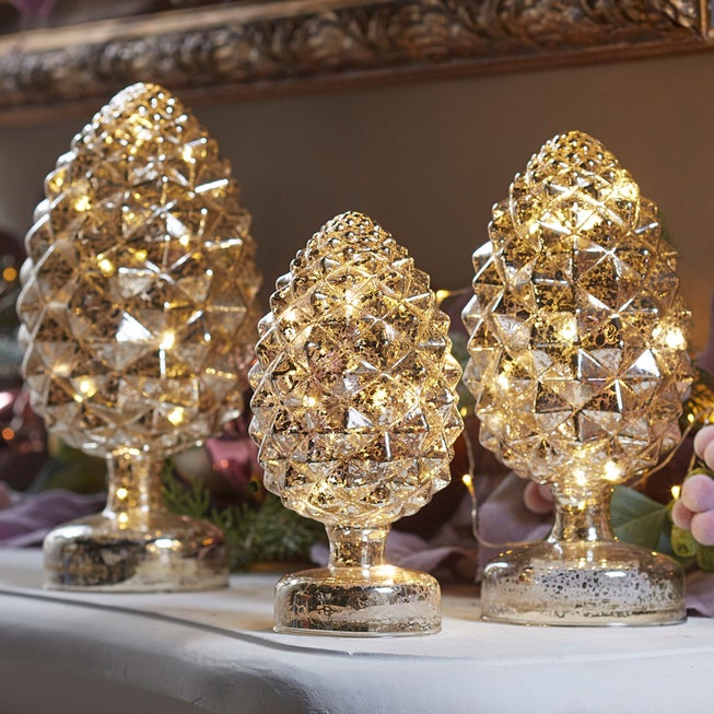 Pre-Lit Mercury Glass Pinecones, Set of 3 image number null