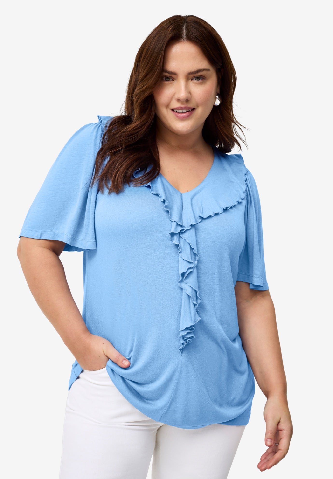 Stretch Knit V-neck Ruffle Front Tunic image number 0