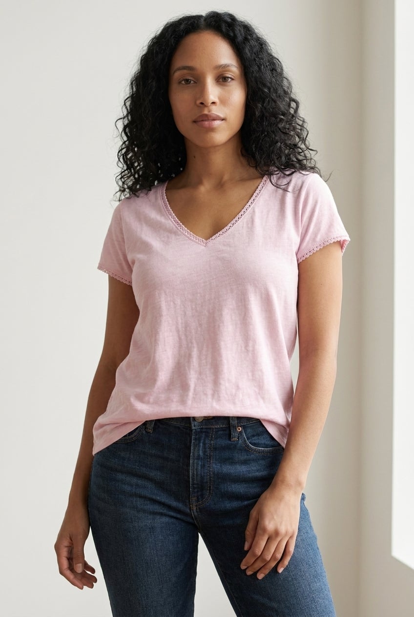V-Neck A-Line Crochet Trim Tee image number 0