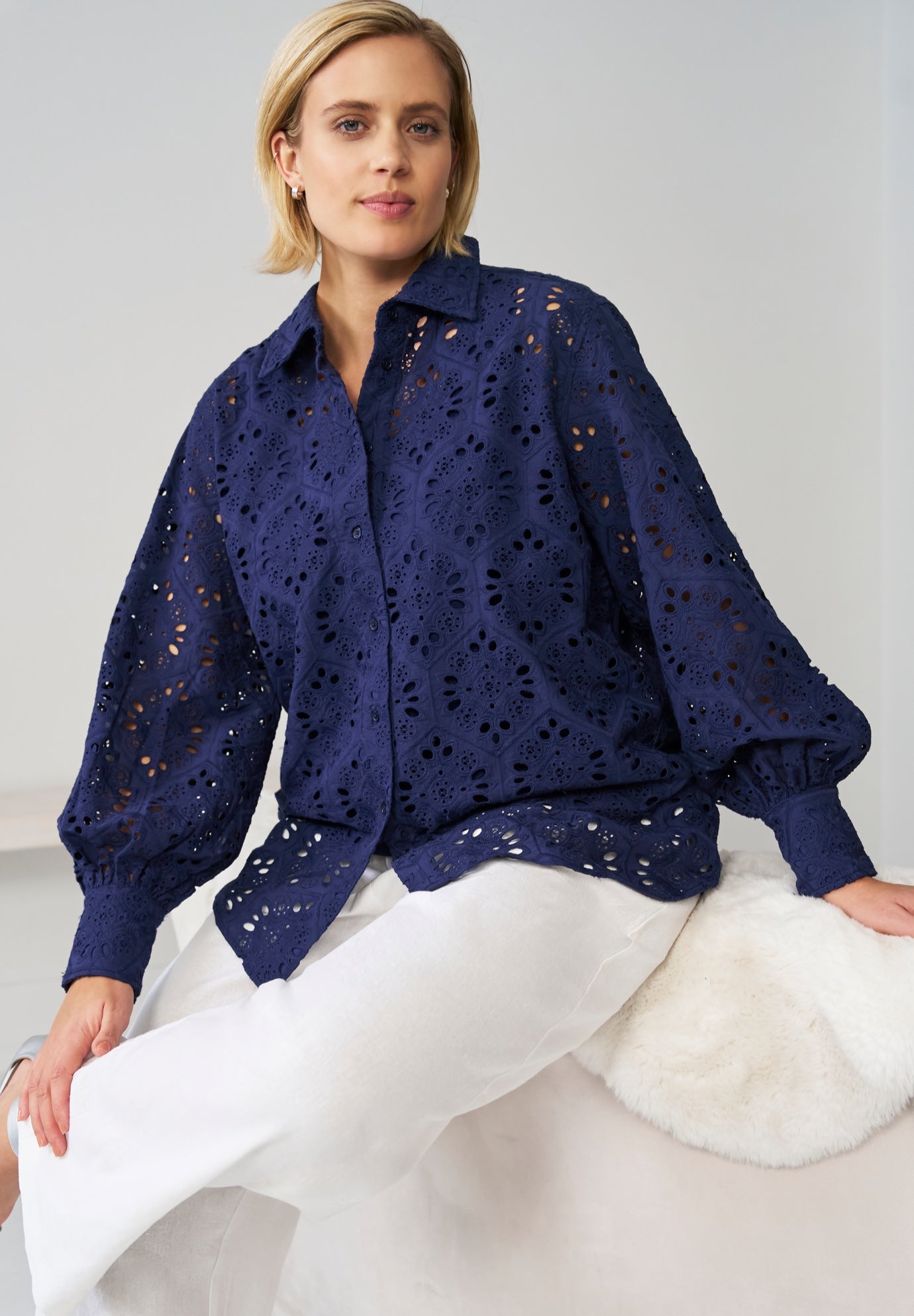 Eyelet Button Front Shirt With Blouson Sleeves image number 2