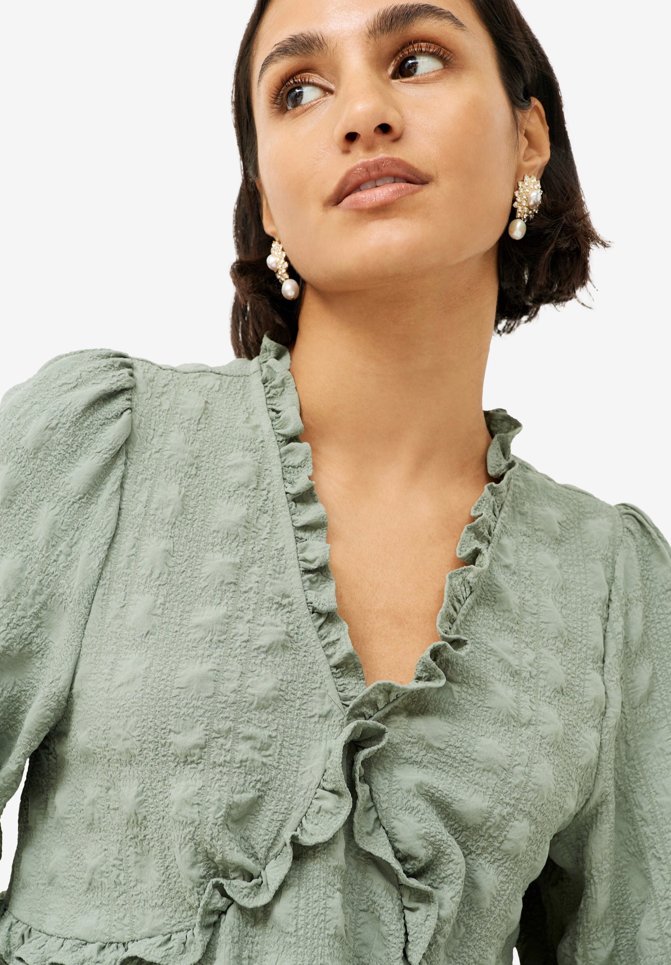 Ruffle Trim V-Neck Babydoll Blouse image number 1